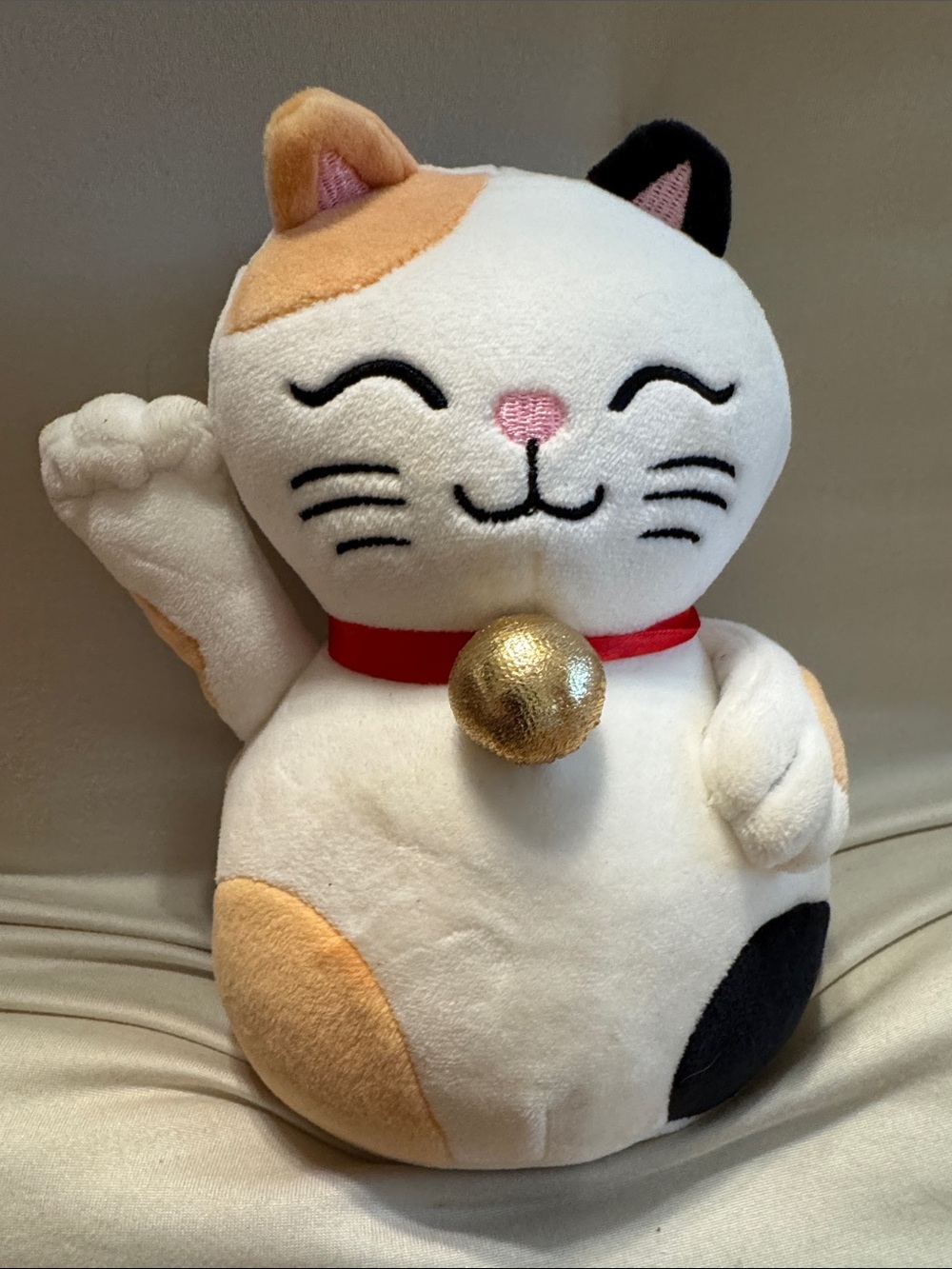 Calico Plush Lucky Cat Plush - White with Tan, Black & Pink Accents